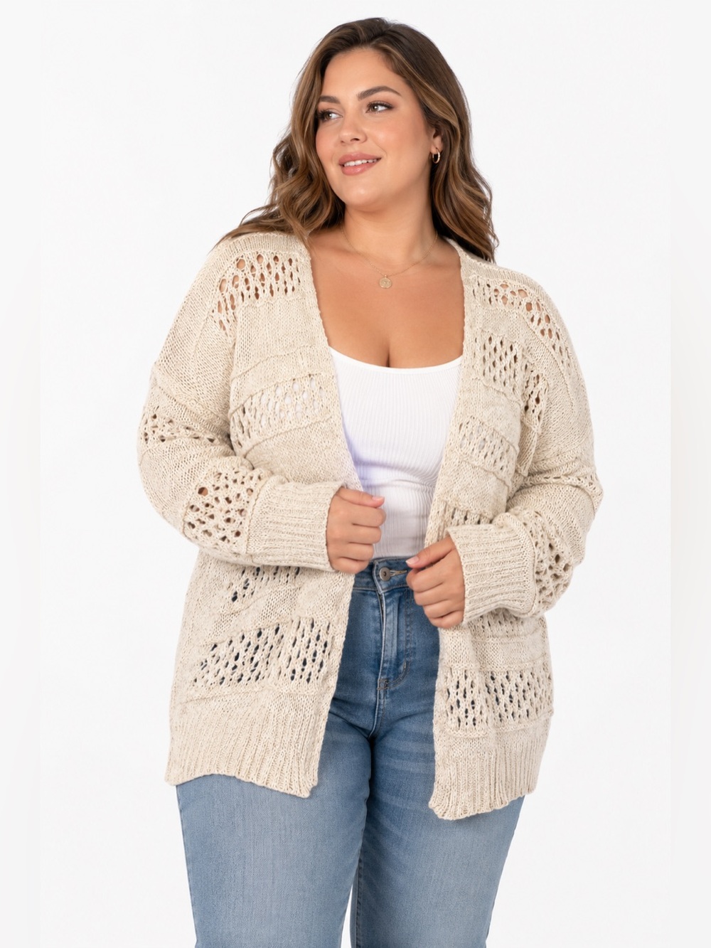 Open Knit Lightweight Chunky Cardigan Sweater (Cream/Tan) Size L